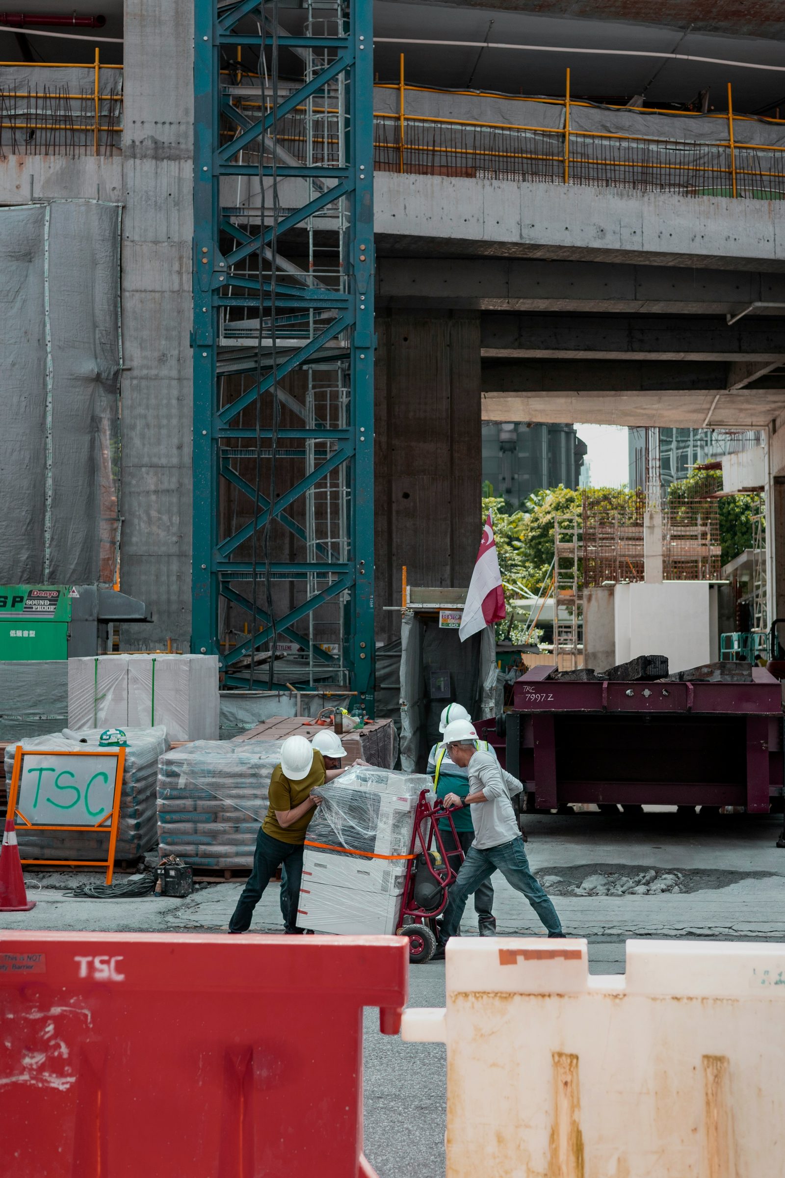 Active construction site with organized materials