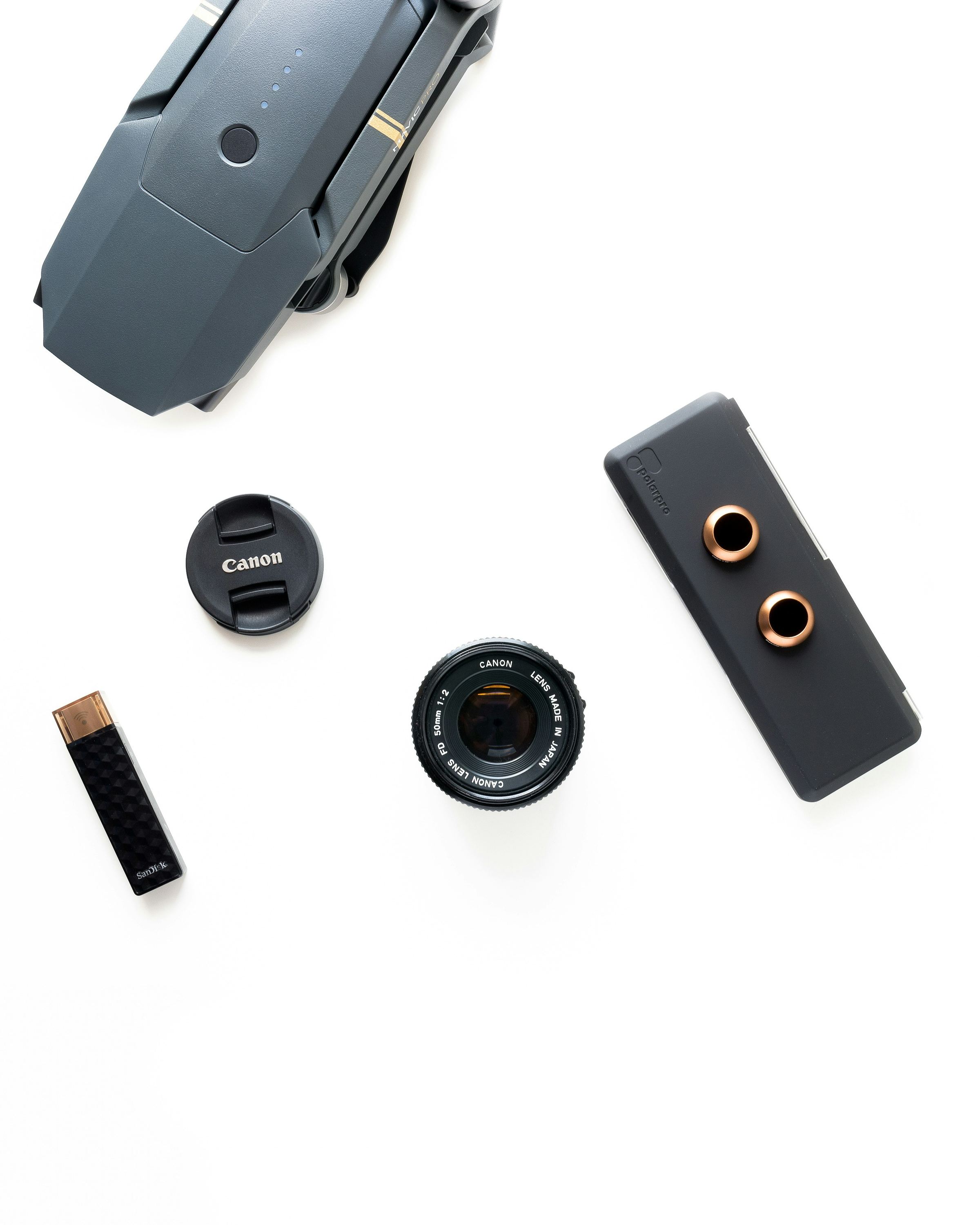Professional drone and equipment on a clean surface